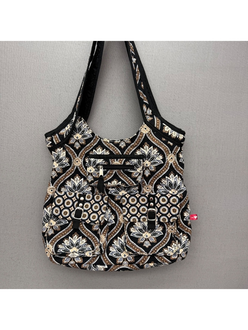 Jai Originals Black Quilted Canvas Floral Shoulder Bag Multi Pocket Hobo Tote